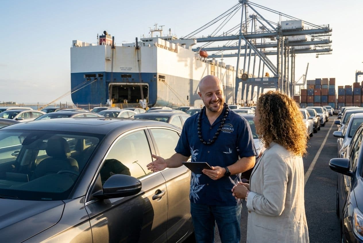 Car Shipping Hawaii specialist with a customer at the port