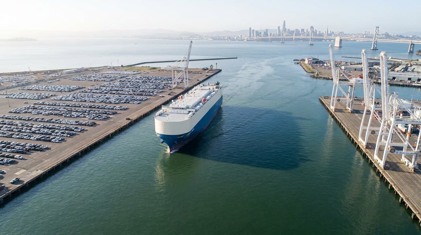Port of Oakland container terminal with loading cranes