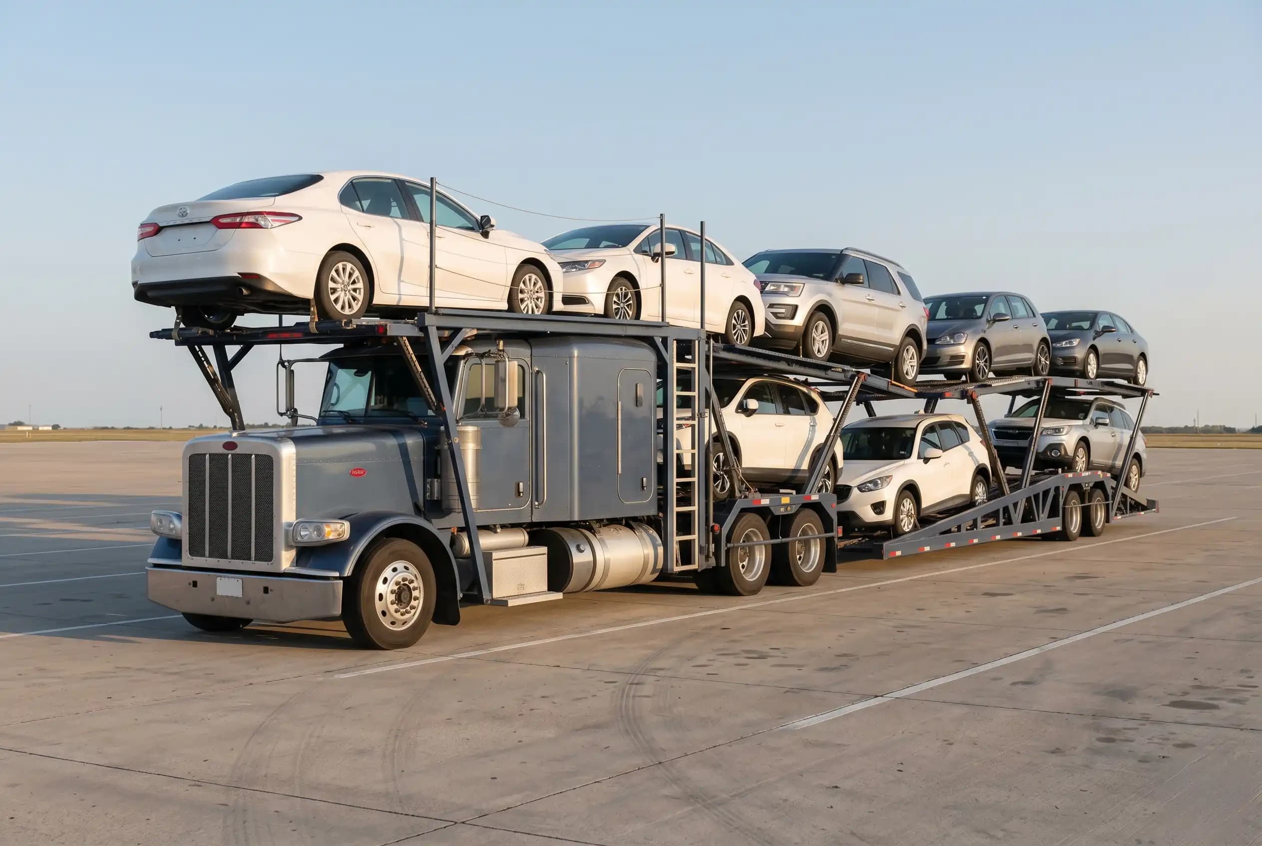 Auto transport carrier truck hauling vehicles — the overland leg from California to the Port of Long Beach